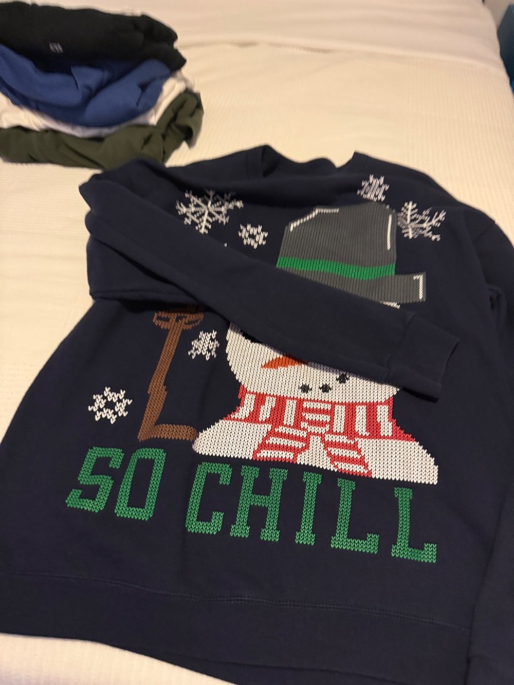 Hanes Navy Crewneck Sweatshirt with Snowman Graphic and Green Accents - Picture 3 of 5